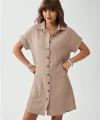 Kadın Cep Detay Müslin Kumaş Mini Gömlek Elbise