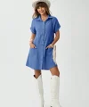 Kadın Cep Detay Müslin Kumaş Mini Gömlek Elbise