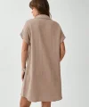 Kadın Cep Detay Müslin Kumaş Mini Gömlek Elbise