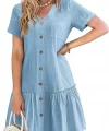 Kadın Cep Detaylı Düğmeli Vıskon Keten Kumaş Elbise