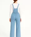Kadın Chambray Açık Mavi Denim Görünümlü Geniş Paça Salopet Tulum - Mavi