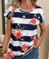 Kadın Çiçek Desenli Yatay Şeritli Bisiklet Yaka Tişört
