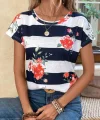 Kadın Çiçek Desenli Yatay Şeritli Bisiklet Yaka Tişört