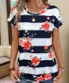 Kadın Çiçek Desenli Yatay Şeritli Bisiklet Yaka Tişört