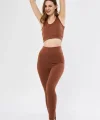 Kadın Crop Tayt İkili Spor Takımı - Kahve