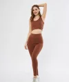 Kadın Crop Tayt İkili Spor Takımı - Kahve