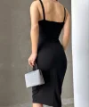 Kadın Dalgıç Krep Kumaş Askılı Midi Boy Elbise