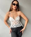 Kadın Dantelli İnce Askılı Sırt Bağlamalı Transparan Bluz