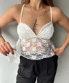 Kadın Dantelli İnce Askılı Sırt Bağlamalı Transparan Bluz