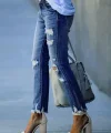 Kadın Dar Kesim Cepli önden Yırtık Desenli Denim Pantolon
