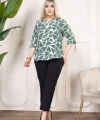 Kadın Desenli Püsküllü Viskon Bluz Bebe Yaka Kısa Kollu Big Size Rahat Kesim - Desenli