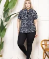 Kadın Desenli Püsküllü Viskon Bluz Bebe Yaka Kısa Kollu Big Size Rahat Kesim - Desenli