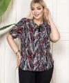 Kadın Desenli Püsküllü Viskon Bluz Bebe Yaka Kısa Kollu Big Size Rahat Kesim - Desenli