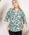 Kadın Desenli Püsküllü Viskon Bluz Bebe Yaka Kısa Kollu Big Size Rahat Kesim - Desenli