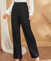 Kadın Düğme Detay Bol Paça Ithal Krep Pantolon