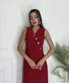Kadın Düğme Detay Kolsuz Maxi Boy Elbise
