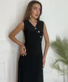 Kadın Düğme Detay Kolsuz Maxi Boy Elbise