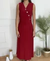 Kadın Düğme Detay Kolsuz Maxi Boy Elbise