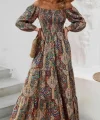 Kadın Düşük Omuzlu Beli Büzgülü Dijital Desenli Kesik Elyaf Süprem Uzun Elbise