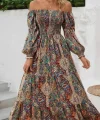 Kadın Düşük Omuzlu Beli Büzgülü Dijital Desenli Kesik Elyaf Süprem Uzun Elbise