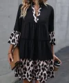 Kadın Fakir Kol V Yakalı Leopar Desen Detaylı Trikoton Elbise