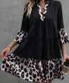 Kadın Fakir Kol V Yakalı Leopar Desen Detaylı Trikoton Elbise