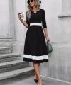 Kadın Fakir Kol Yakası Açık Blok Renkli Krep Midi Elbise