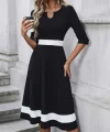 Kadın Fakir Kol Yakası Açık Blok Renkli Krep Midi Elbise