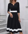Kadın Fakir Kol Yakası Açık Blok Renkli Krep Midi Elbise