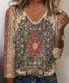 Kadın Fakir Kollu V Yakalı Etnik Desenli Süprem Bluz