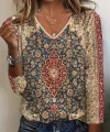 Kadın Fakir Kollu V Yakalı Etnik Desenli Süprem Bluz