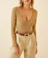 Kadın Fitilli Likralı Body Crop - Camel