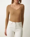 Kadın Fitilli Likralı Body Crop - Camel