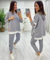 Kadın Gri Kapşonlu Etek Ucu Detay Arma Ters Dikiş Gorunumlu Ikili Takım