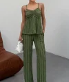 Kadın Haki Dokulu Askılı Üst Ve Bol Paça Pantolon 2’li Takım