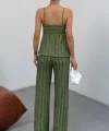Kadın Haki Dokulu Askılı Üst Ve Bol Paça Pantolon 2’li Takım