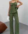 Kadın Haki Dokulu Askılı Üst Ve Bol Paça Pantolon 2’li Takım