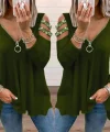 Kadın Haki Kolları Taş Işlemeli Uzun Kol Fermuarlı Viskon Bluz
