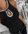 Kadın Halter Kollu Yuvarlak Taşlı Yaka Damla Detaylı Kaşkorse Bluz