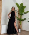 Kadın Halter Yaka Derin Yırtmaç Detaylı Tam Boy Ithal Krep Abiye Elbise