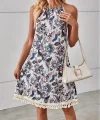 Kadın Halter Yaka Eteği Püsküllü Boyundan Bağlamalı çiçek Desen Süprem Elbise