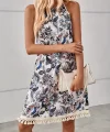 Kadın Halter Yaka Eteği Püsküllü Boyundan Bağlamalı çiçek Desen Süprem Elbise