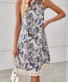 Kadın Halter Yaka Eteği Püsküllü Boyundan Bağlamalı çiçek Desen Süprem Elbise