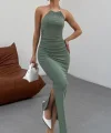 Kadın Halter Yaka Sırt Dekolteli Sandy Kumaş Maxi Boy Elbise