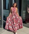 Kadın Halter Yakalı Omuzlardan Açık Kuşaklı Maksi Boy Desenli Süprem Elbise