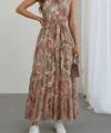 Kadın Halter Yakalı Omuzlardan Açık Kuşaklı Maksi Boy Desenli Süprem Elbise