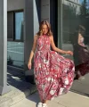 Kadın Halter Yakalı Omuzlardan Açık Kuşaklı Maksi Boy Desenli Süprem Elbise