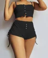 Kadın Ip Askılı Crop Bluz Ve Yanlardan Büzgülü Ikili Kaşkorse Short Takım