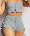 Kadın Ip Askılı Crop Bluz Ve Yanlardan Büzgülü Ikili Kaşkorse Short Takım