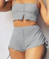 Kadın Ip Askılı Crop Bluz Ve Yanlardan Büzgülü Ikili Kaşkorse Short Takım